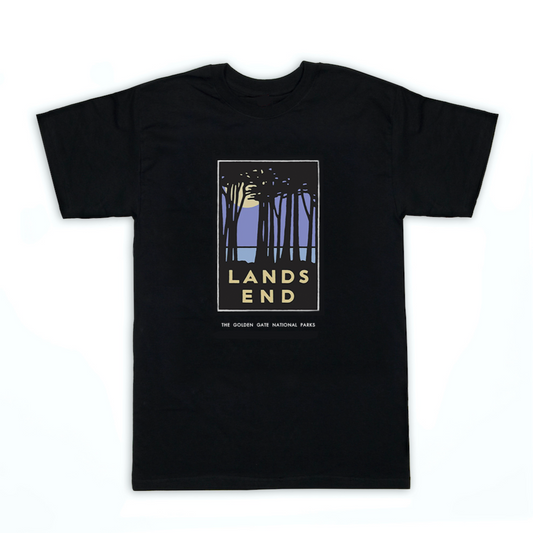 Black crewneck t-shirt featuring colorful illustration of moonlit Lands End cypress trees on chest. Art by Michael Schwab.