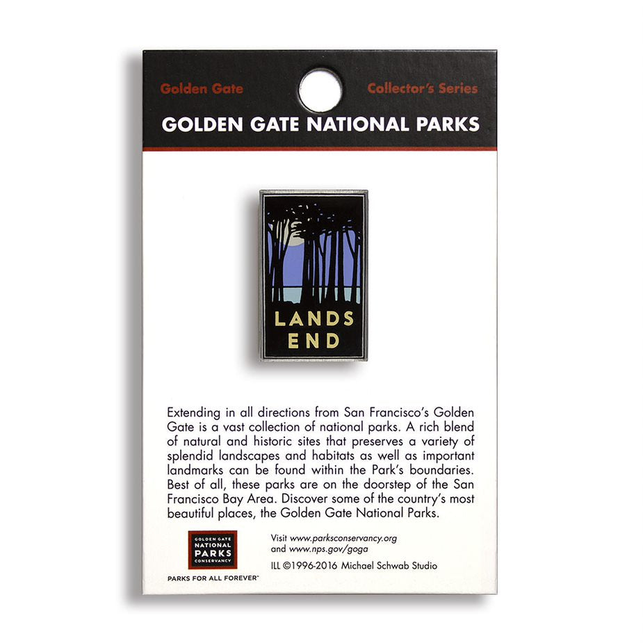 A pin with a black, blue, and gray background featuring text and a graphic representation of Lands End in Golden Gate National Parks.