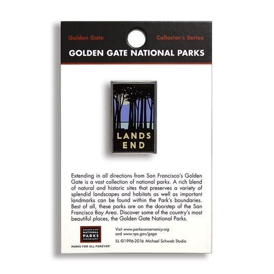 A pin with a black, blue, and gray background featuring text and a graphic representation of Lands End in Golden Gate National Parks.