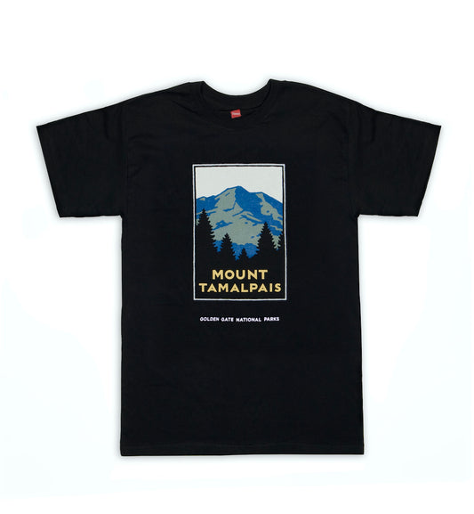Black graphic t-shirt with colorful screen-printed design of Mount Tamalpais on chest. Artwork by Michael Schwab.