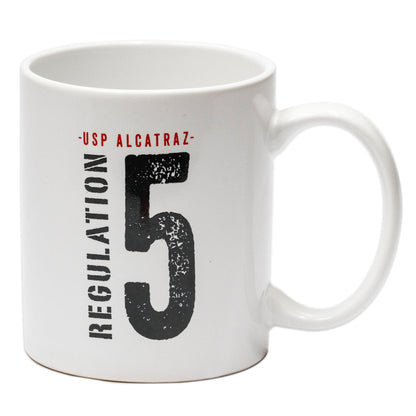11 oz. white mug with black and red design reading “USP Alcatraz Regulation 5”.