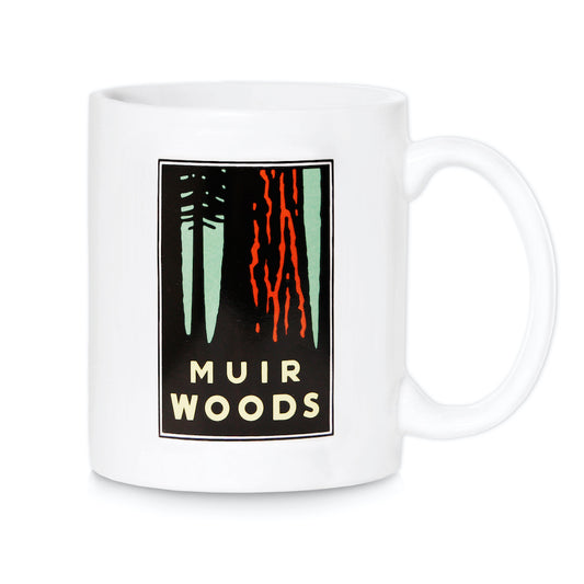 White coffee mug featuring colorful Muir Woods illustration by San Francisco Bay Area designer Michael Schwab, California redwood forest trees.