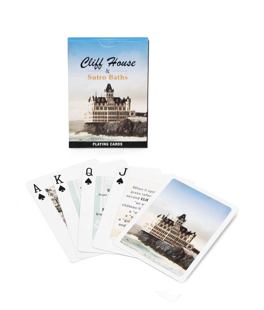 Cliff House and Sutro Baths playing cards, featuring fun facts and historical photographs of San Francisco's Lands End.