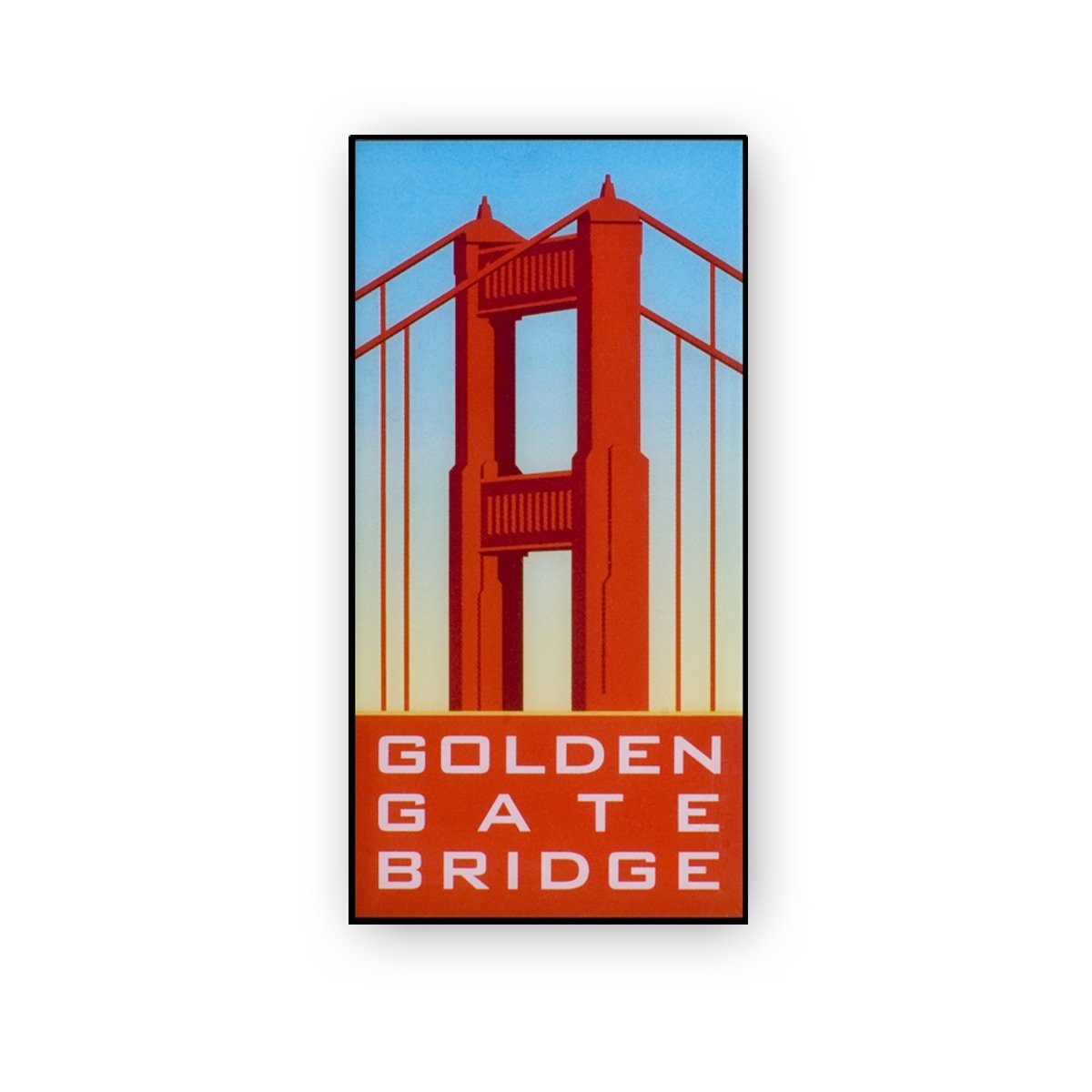 Multicolor vintage-inspired lapel pin featuring Golden Gate Bridge Art Deco tower design.