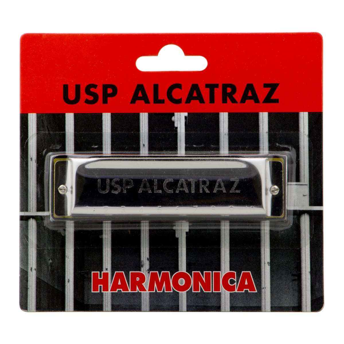Replica US Penitentiary Alcatraz harmonica in gift packaging.