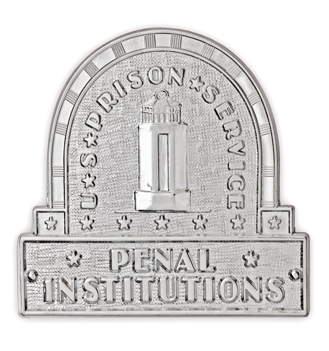 Replica metal US Penitentiary Alcatraz correctional officer guard hat pin, featuring US Prison Service logo.
