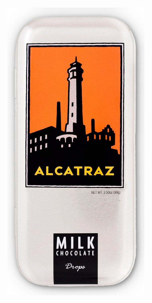 Gourmet milk chocolate drops, packaged in metal gift tin with multicolor Alcatraz lighthouse logo. Artwork by Michael Schwab.