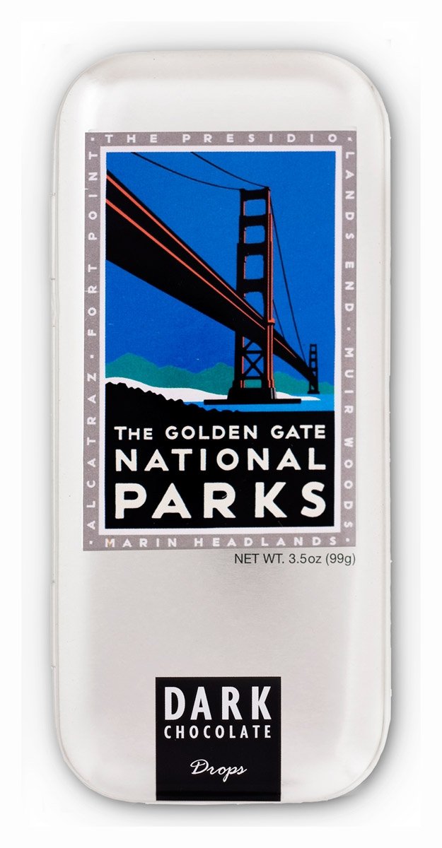 Gourmet dark chocolate drops, packaged in metal gift tin with Golden Gate National Park Bridge logo. Art by Michael Schwab.