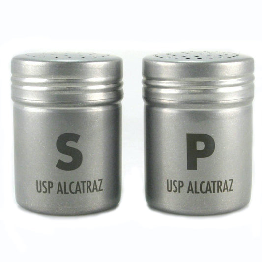 Replica US Penitentiary Alcatraz salt and pepper set, made from food-grade stainless steel (grade 304, 18/8).