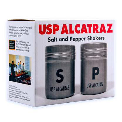 Replica US Penitentiary Alcatraz salt and pepper set, made from food-grade stainless steel (grade 304, 18/8).