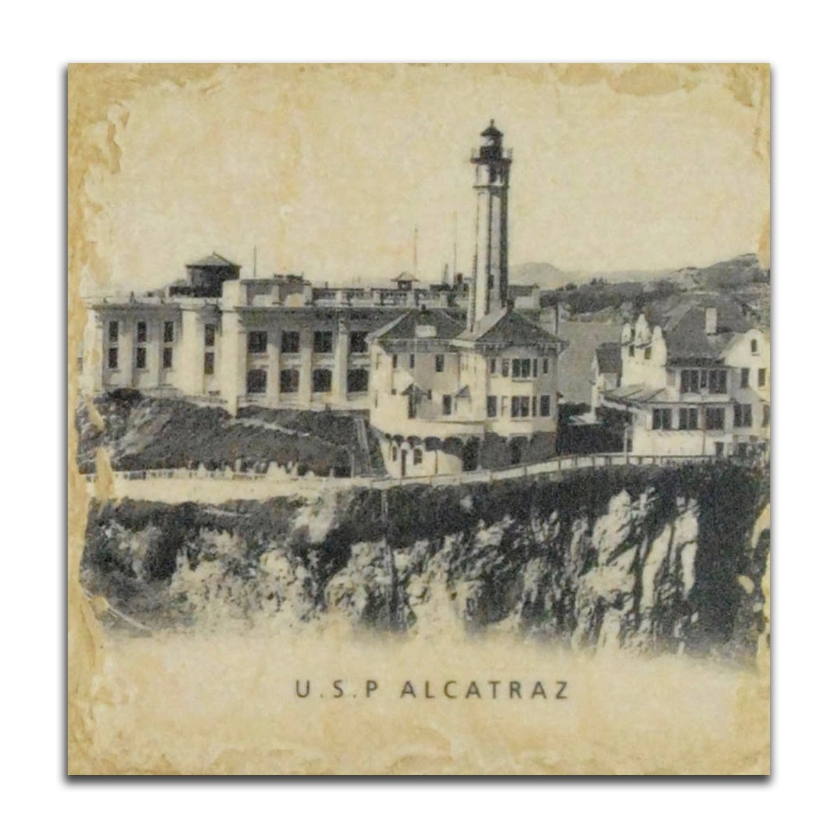 Vintage-inspired coaster featuring an historical photo of USP Alcatraz lighthouse, tumbled marble with weathered finish.