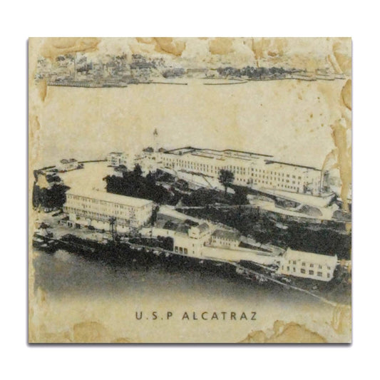 Vintage-inspired coaster featuring an historical aerial photo of Alcatraz prison, tumbled marble with weathered finish.