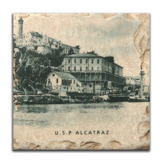 Vintage-inspired coaster featuring an historical photo of Alcatraz dock, tumbled marble with weathered finish.
