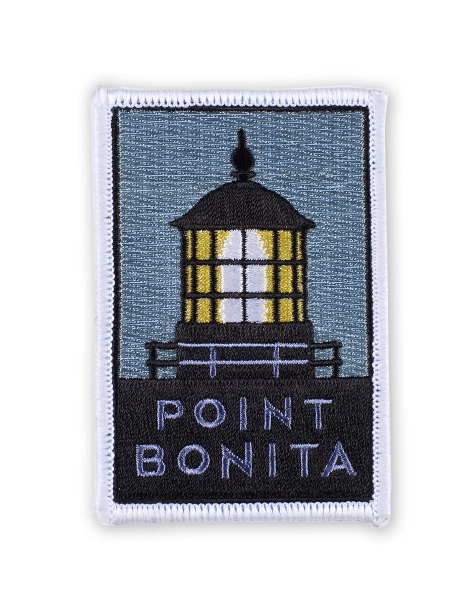 Multicolor embroidered patch featuring Marin Headlands' Point Bonita lighthouse design, based on artwork by Michael Schwab.