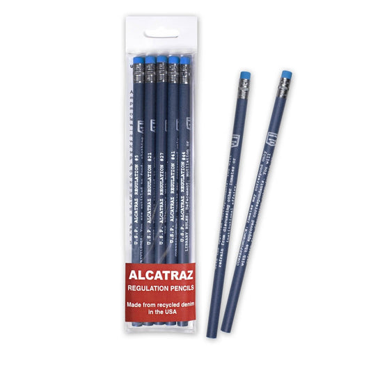 Set of 5 US Penitentiary Alcatraz pencils, made from recycled denim. Rules and Regulations printed on each pencil.