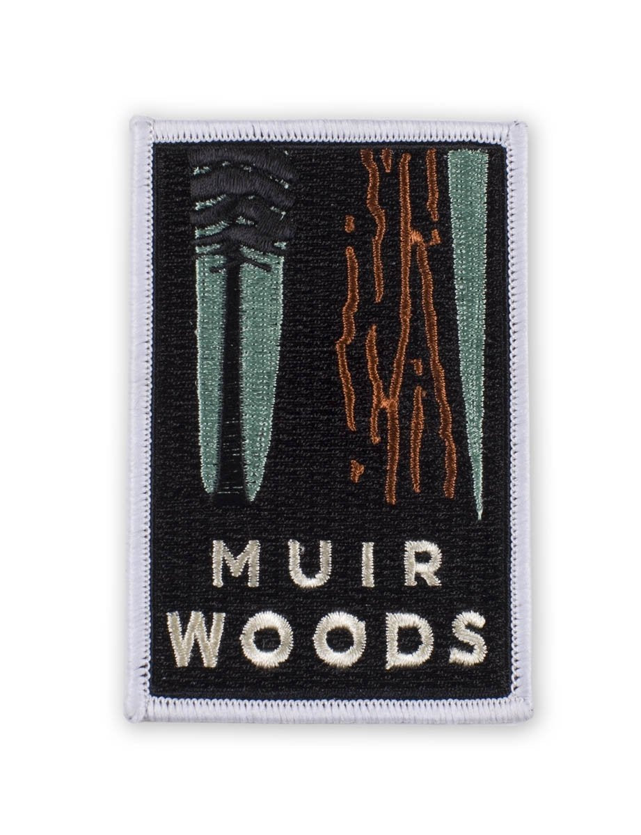Multicolor embroidered patch featuring Muir Woods National Monument tree design, based on artwork by Michael Schwab.