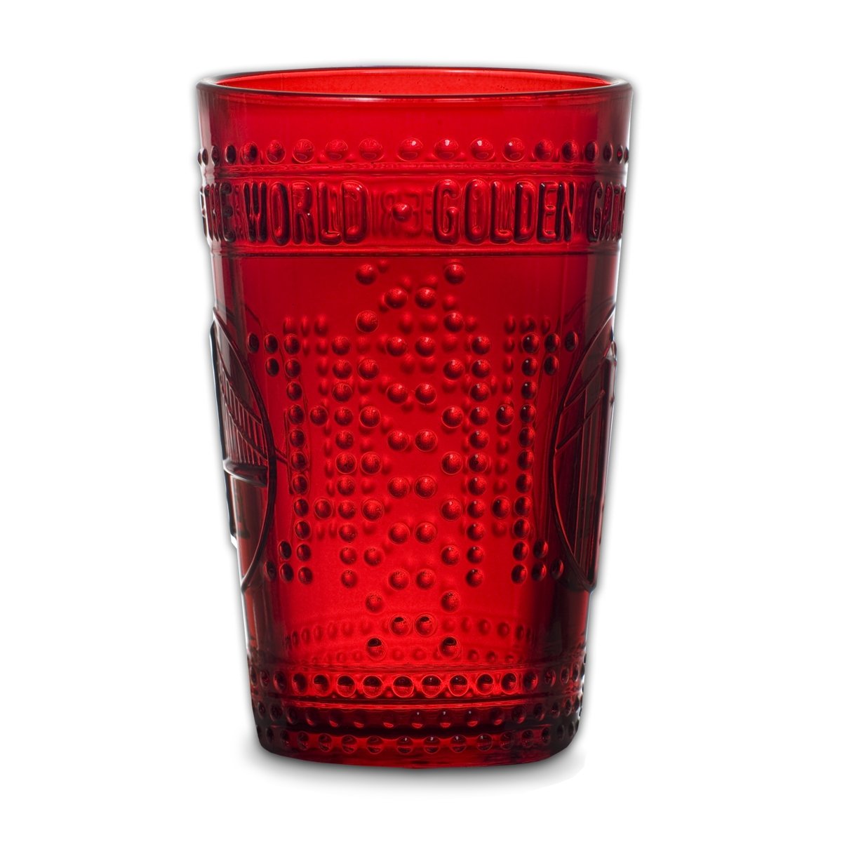 Red Golden Gate Bridge drinking glass with textured bridge and rivet design motif. 
