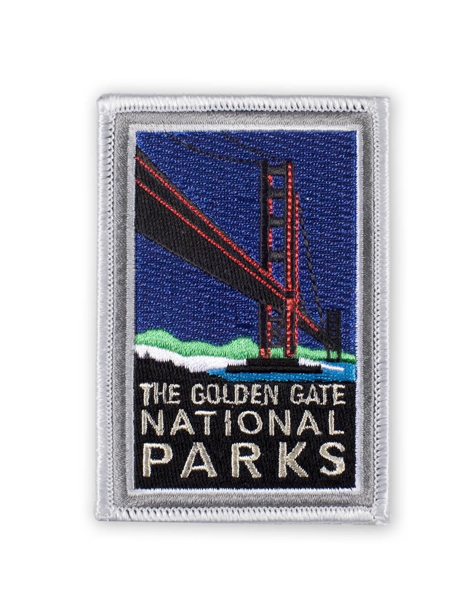 Multicolor embroidered patch featuring Golden Gate National Parks Bridge design, based on artwork by Michael Schwab.