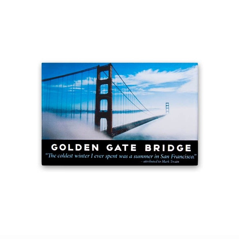 Resin magnet with photo print of dramatic view of Golden Gate Bridge in fog.