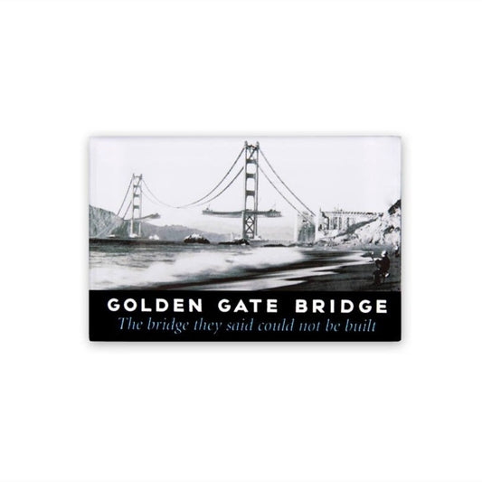 Resin magnet with black-and-white photo print of Golden Gate Bridge during construction.