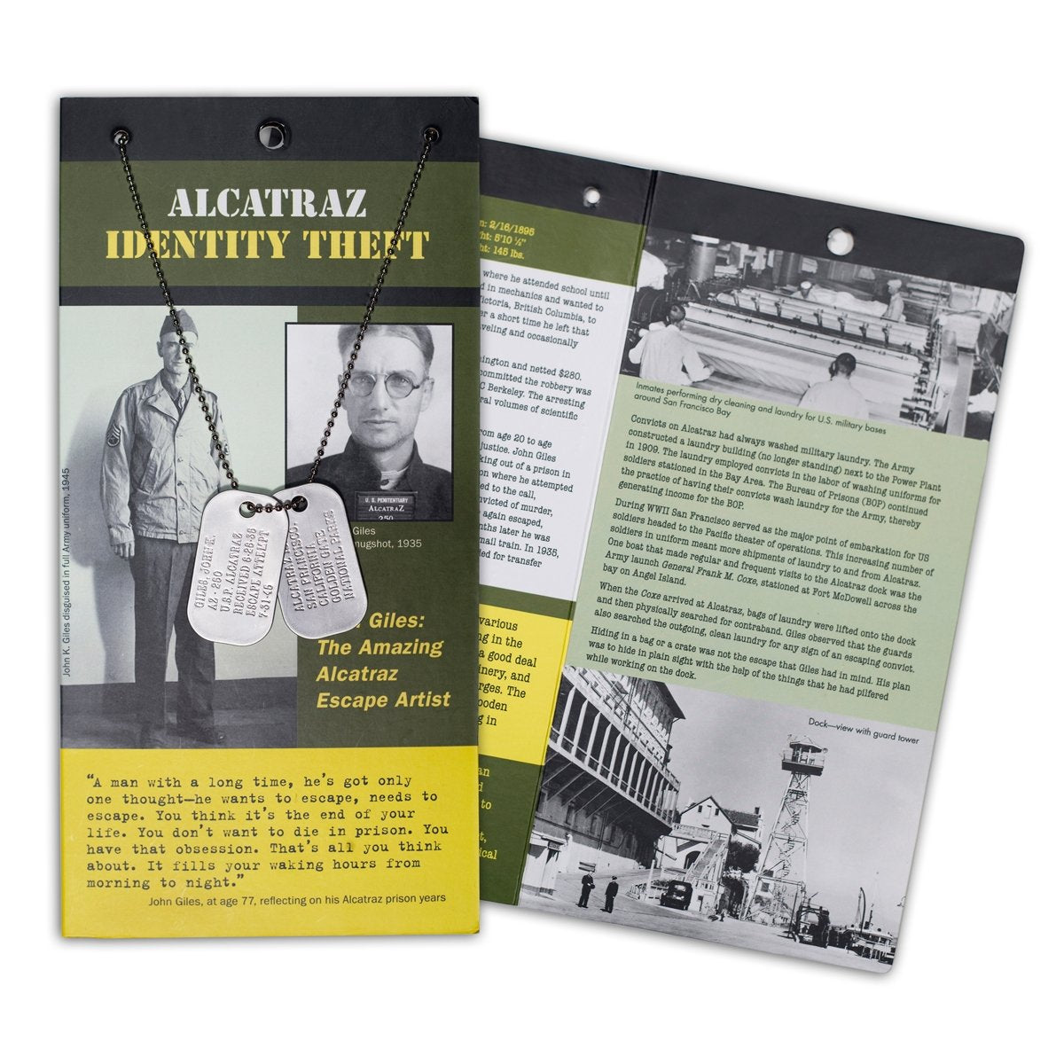 Souvenir dog tags, sold with interpretive card telling the story of inmate John Giles' 1945 escape attempt from Alcatraz.