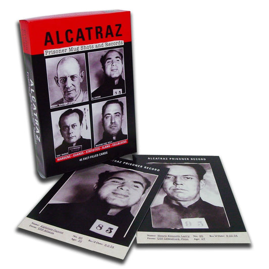 Box set of 45 educational Alcatraz inmate cards, including mug shots, prison records, and more.