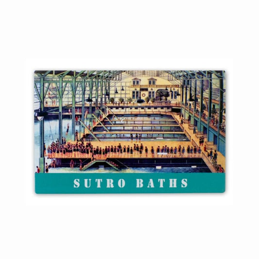 Resin souvenir magnet of San Francisco's Sutro Baths, featuring vintage print of baths interior from early 20th century.