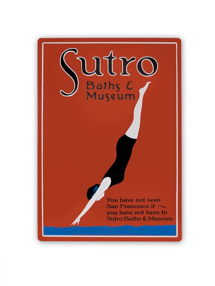 Multicolor souvenir magnet of San Francisco's Sutro Baths, featuring vintage advertisement for baths from early 20th century.