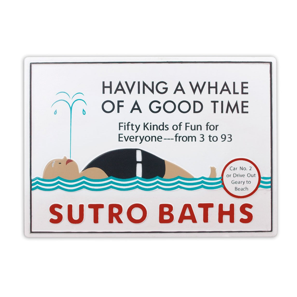 Multicolor souvenir magnet of San Francisco's Sutro Baths, featuring vintage advertisement for baths from early 20th century.