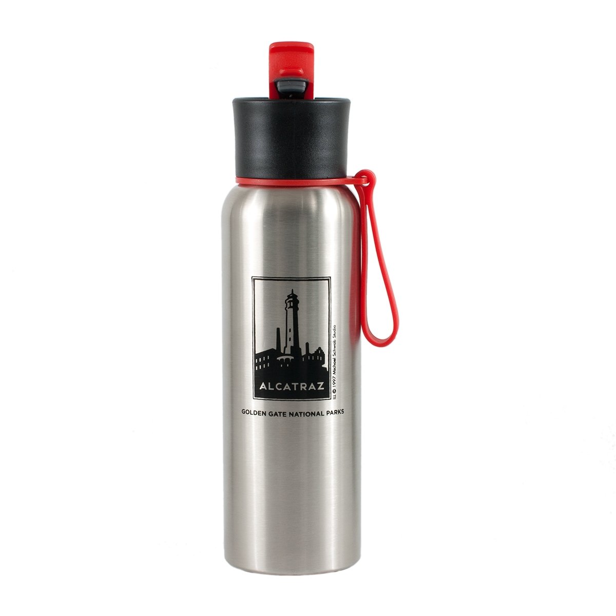 750 ml. stainless steel water bottle with red silicone strap and flip top, Alcatraz lighthouse design. Art by Michael Schwab.