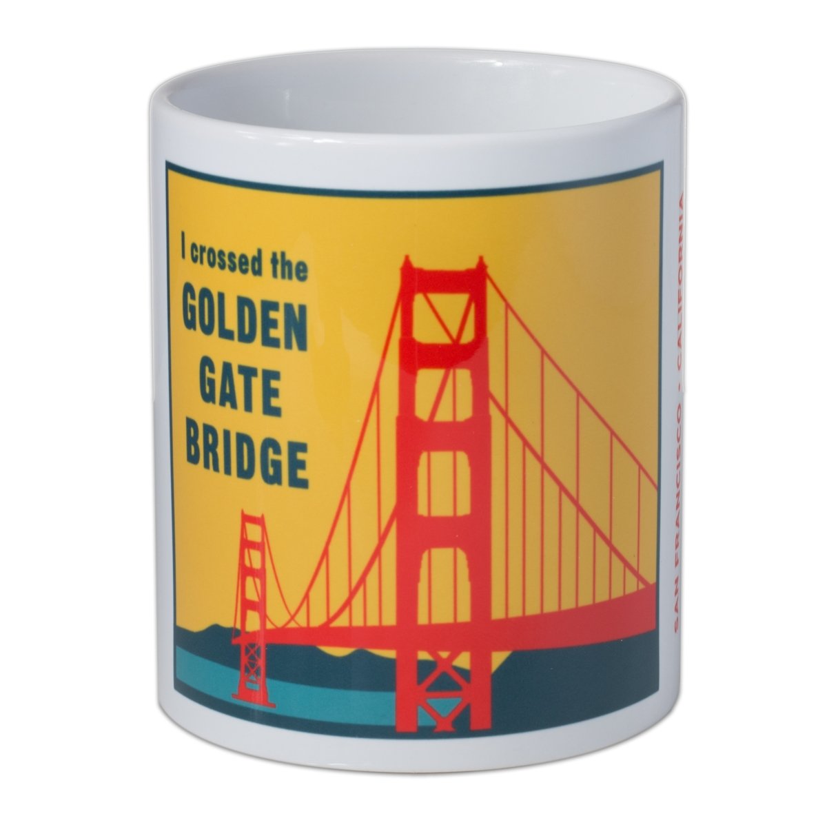 11 oz. white mug with yellow, orange, and teal "I Crossed the Golden Gate Bridge" vintage-inspired design.