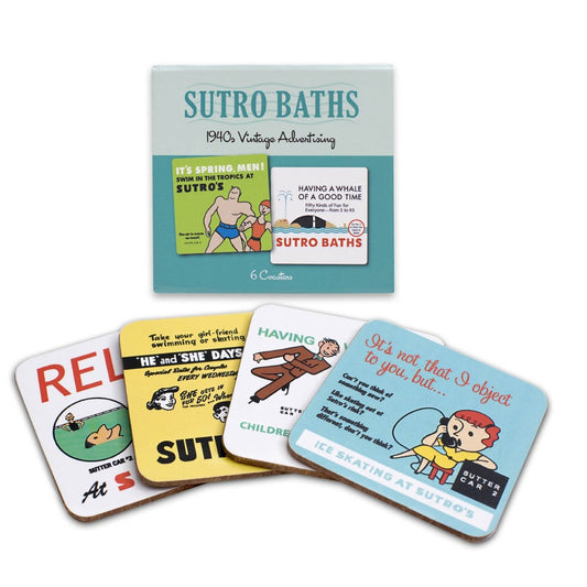 Set of 6 Sutro Baths coasters, featuring vintage 1940s advertisements for San Francisco's famous attraction.