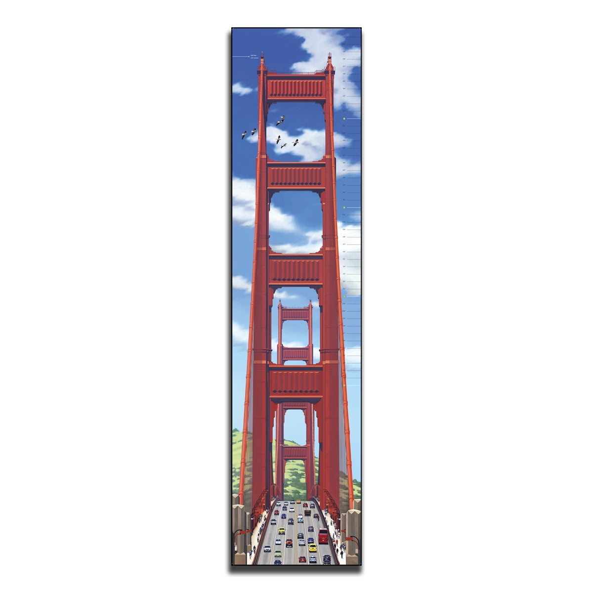 6-foot tall Golden Gate Bridge growth chart, with colorful illustrations of San Francisco's famous landmark.