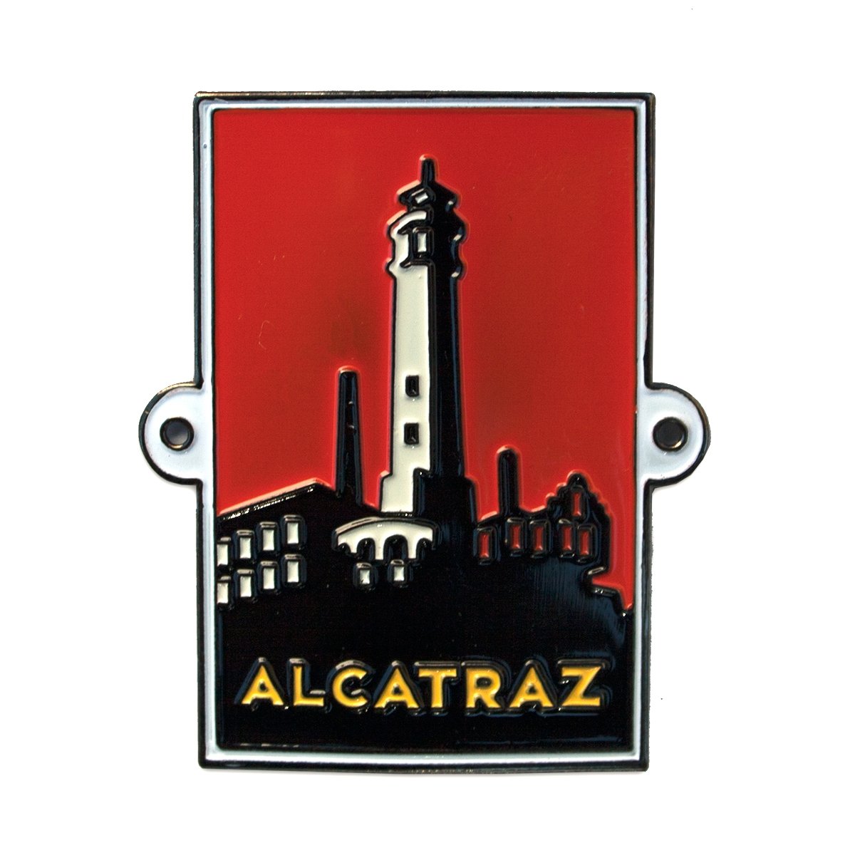 Multicolor souvenir metal hiking stick medallion with design of Alcatraz Island, based on artwork by Michael Schwab.