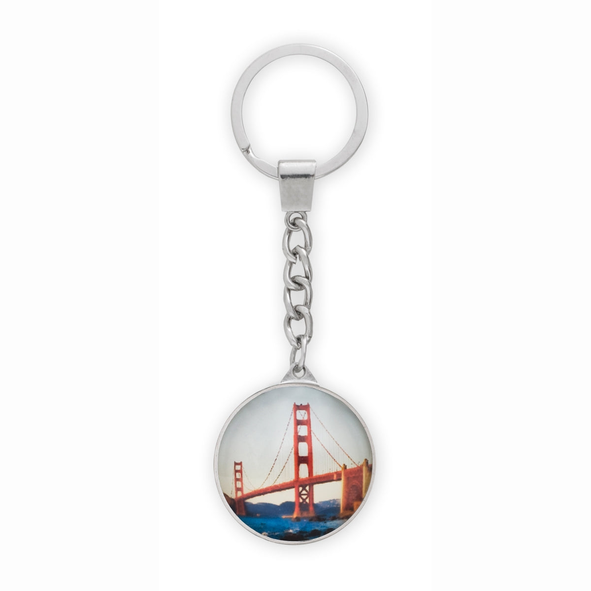 Multicolor Golden Gate Bridge crystal keychain with Art Deco bridge tower design and photo of span.