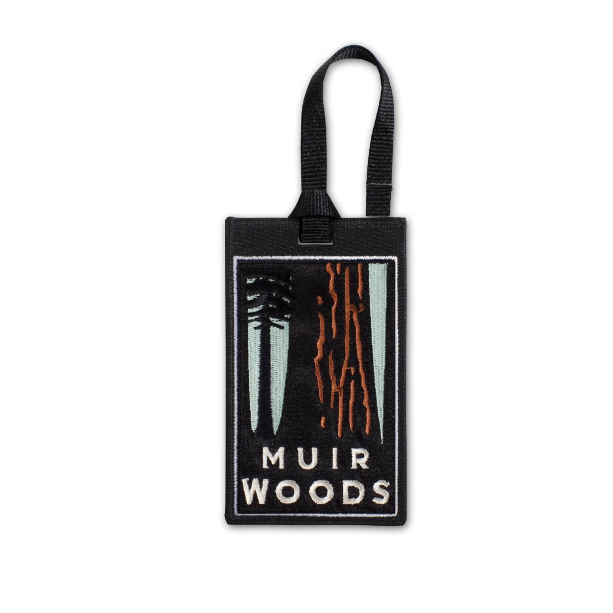 Multicolor embroidered luggage tag with design of Muir Woods trees, based on artwork by Michael Schwab.