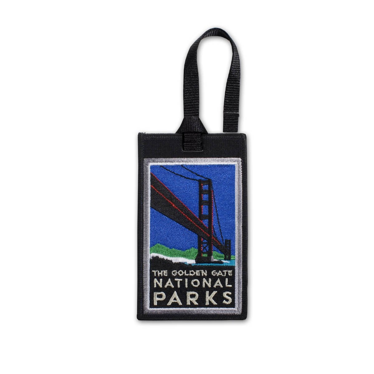 Multicolor embroidered luggage tag with design of Golden Gate National Parks Bridge, based on artwork by Michael Schwab.