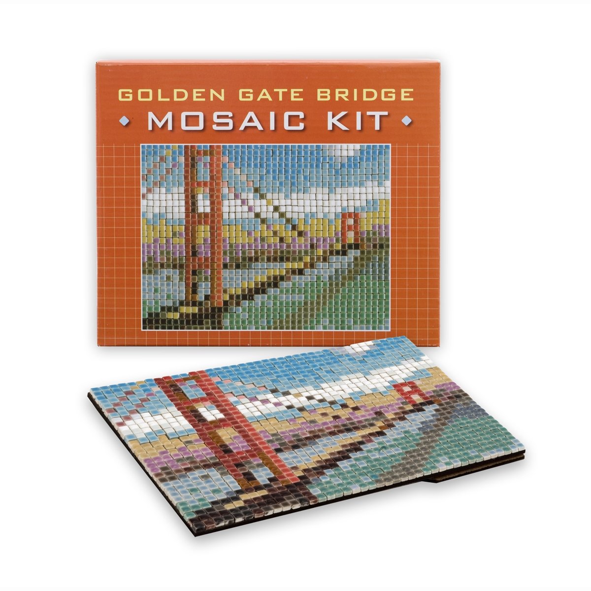 Golden Gate Bridge ceramic mosaic kit, includes backing board, glue, tweezers, and instructions with layout grid. Ages 12+.