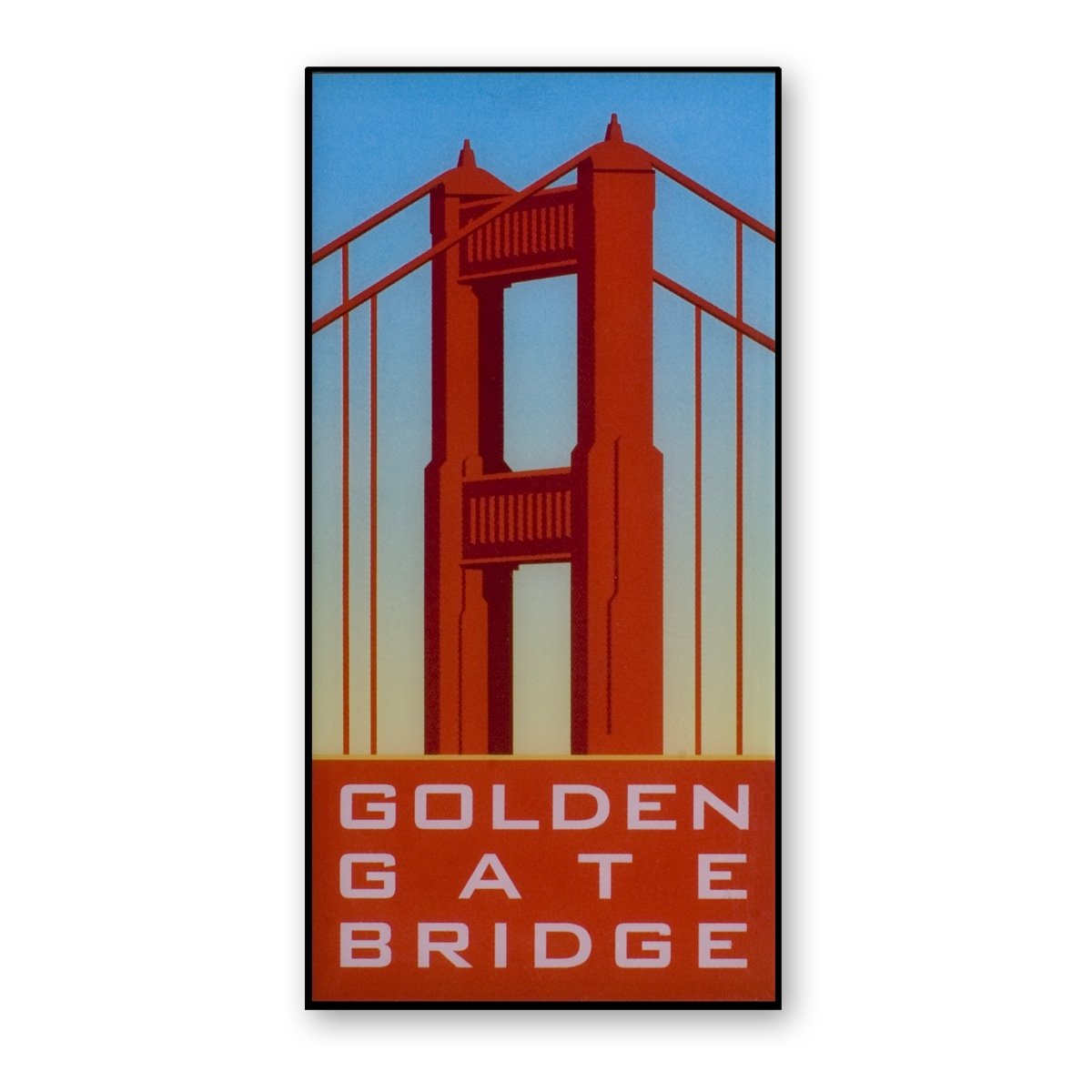 Multicolor metal souvenir magnet featuring vintage-inspired design of San Francisco's Golden Gate Bridge Art Deco towers.