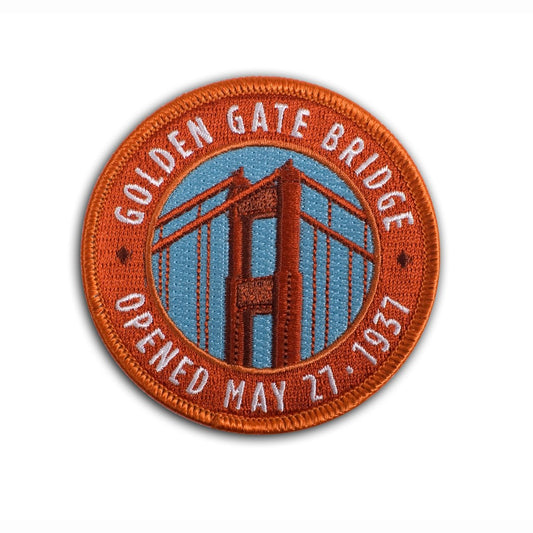 Multicolor embroidered patch with vintage-inspired design of Golden Gate Bridge tower, opening day May 27, 1937.