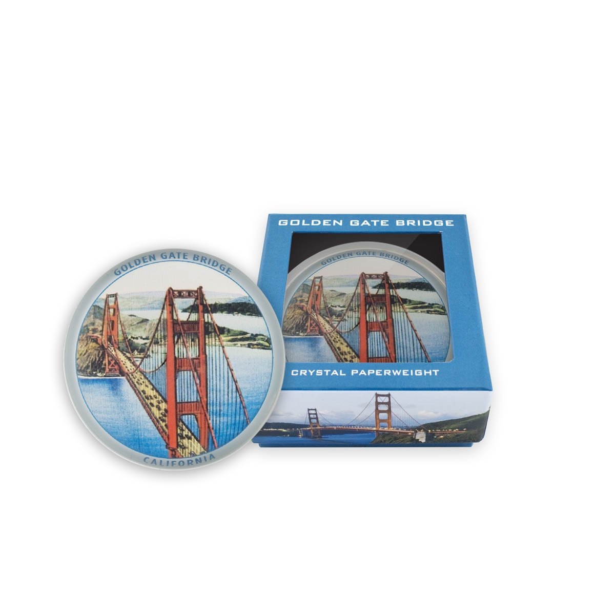 Multicolor Golden Gate Bridge crystal paperweight, featuring vintage photo print of San Francisco's famous landmark.