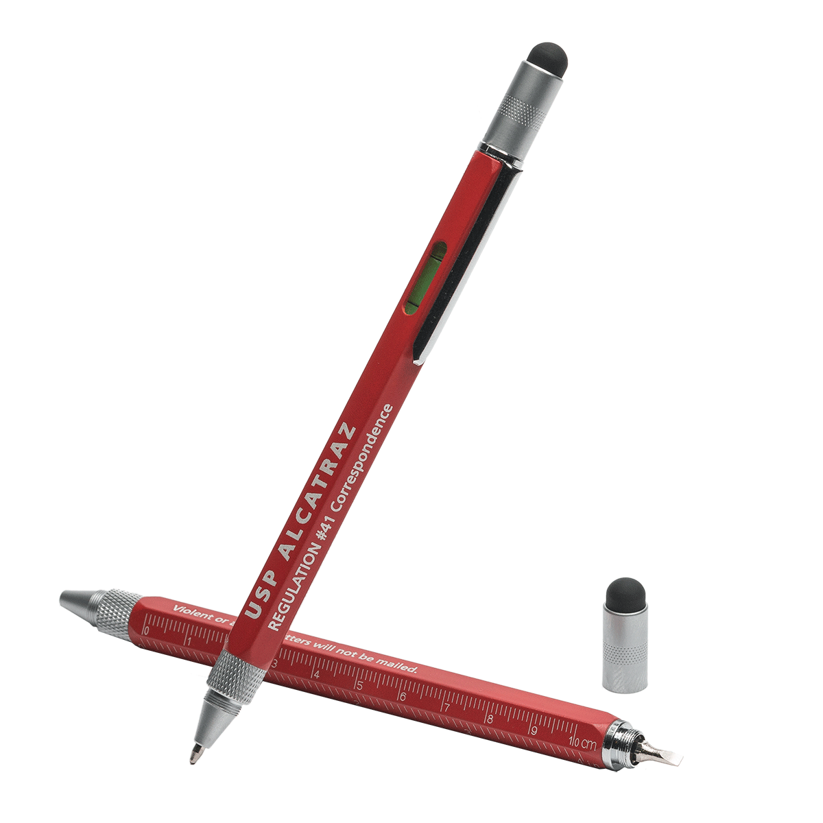 Orange Alcatraz Regulation 41 utility pen with tablet stylus, level, Phillips and flathead screwdrivers, US and metric ruler.