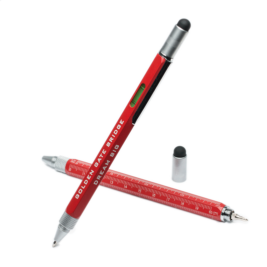 Orange Golden Gate Bridge utility pen with tablet stylus, level, Phillips and flathead screwdrivers, US and metric ruler.