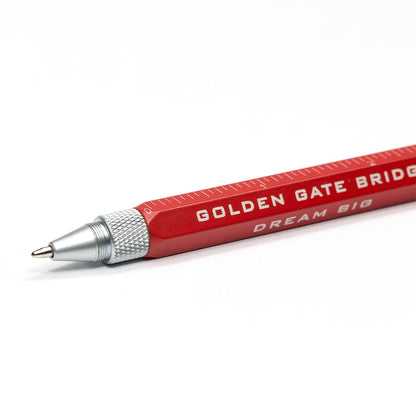 Orange Golden Gate Bridge utility pen with tablet stylus, level, Phillips and flathead screwdrivers, US and metric ruler.