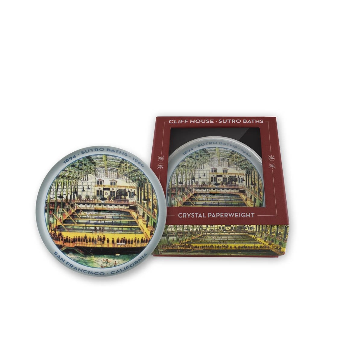 Multicolor Sutro Baths crystal paperweight, featuring vintage photo print of San Francisco's famous landmark.