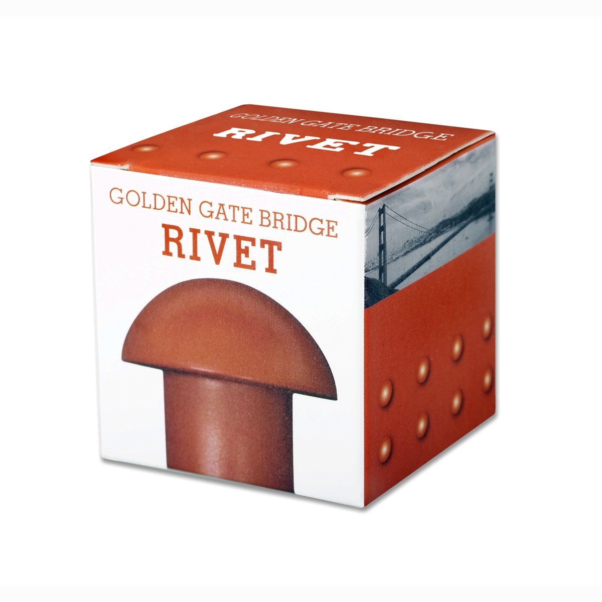 Replica Golden Gate Bridge rivet, made of stainless steel, painted International Orange, sold in interpretive gift box.
