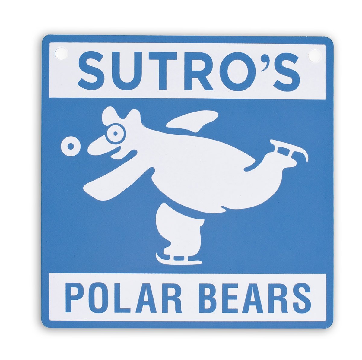 Blue and white Sutro's Polar Bears decorative metal sign, featuring vintage image of ice-skating polar bear.