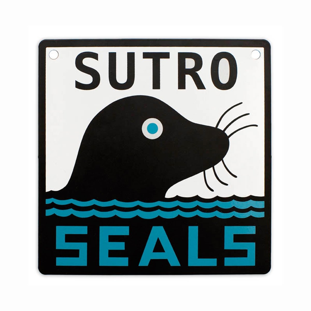 Black, white and teal Sutro Seals decorative metal sign, featuring vintage image of seal in waves from popular Sutro Baths.