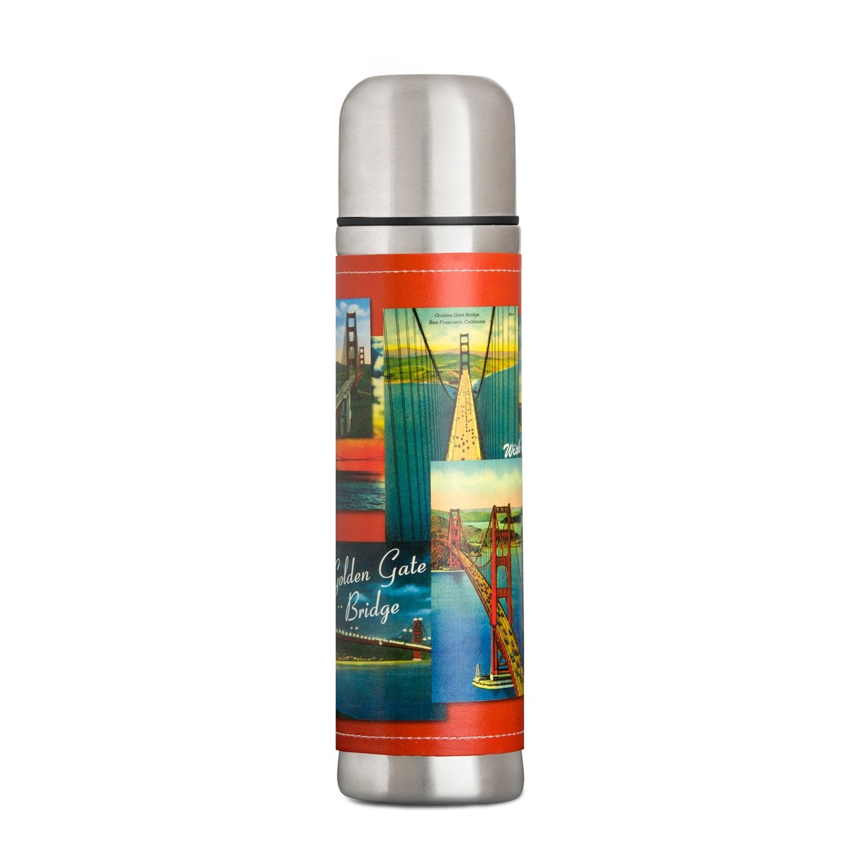 Stainless steel thermos with brightly colored printed sleeve, featuring colorful vintage illustrations of the Golden Gate Bridge.