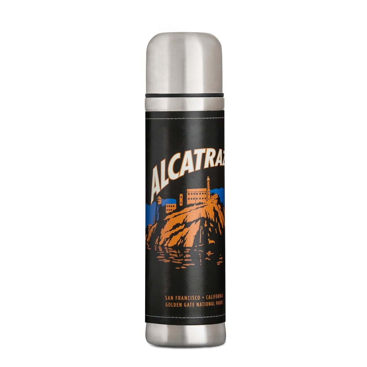 Stainless steel thermos with multicolor printed sleeve, featuring dramatic illustration of Alcatraz at night and text "Alcatraz San Francisco California Golden Gate National Parks" on black background.